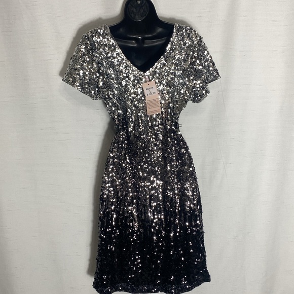 MANER  Sequin Glitter Short Sleeve Dress  V Neck Mini Party Club Bodycon Dress - Picture 10 of 16